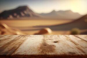 Empty table top and blurred landscape desert. Mock up for display or montage of product. . photo