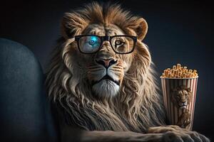 The lion sits in 3D glasses in the cinema with popcorn. . photo