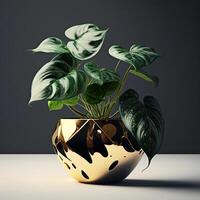 Grounded Golden pothos in flower pot on white background. . photo