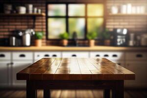 Wooden board empty table in front of a blurred background. photo