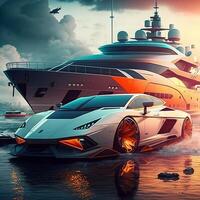 Lamborghini and yacht. luxurious concept. Business wallpaper. photo