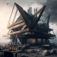 Abandoned Post-Apocalyptic house. Post- apocalypse concept. futuristic illustration. photo