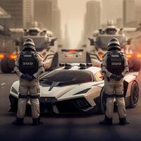 Police officers in uniform with weapons. futuristic concept. Dubai Police. photo