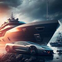 Sports car and a large yacht. Futuristic concept, business wallpaper. photo