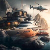 Luxury villa, helicopter, yacht. The concept of the future. Wallpaper. photo