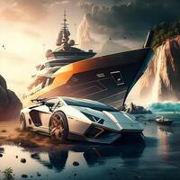 White Lamborghini and yacht. luxurious concept. Business wallpaper. photo