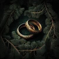 wedding rings lie on a pine branch. photo