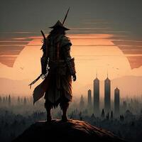 ninja looks from the top of the mountain at the sunset and the city. design art style photo