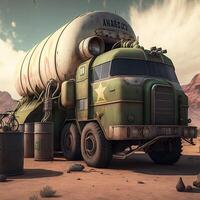 Old rusty gasoline truck. Fallout style. photo