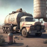 Old truck tanker in gas station. Fallout gaming style. photo