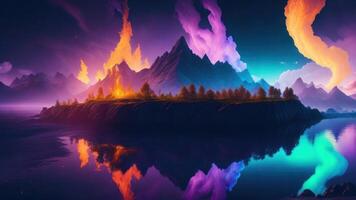 A painting of mountains and a lake with a purple sky and the words fire on it. Background photo
