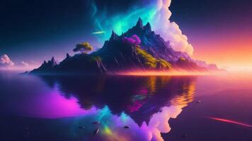 A colorful landscape with a mountain and the aurora borealis above it. Background photo