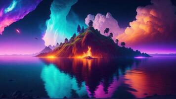 A colorful landscape with a mountain and a lake with a glowing light. Background photo