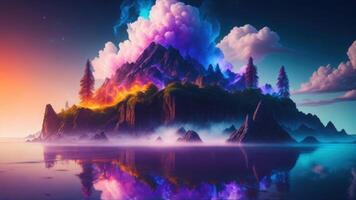 A colorful mountain is reflected in a lake with a purple cloud and a purple mountain in the background.. Background photo