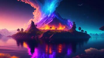 A colorful landscape with a mountain and a lake with a lightning bolt on it.. Background photo