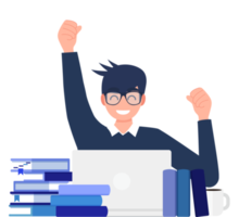 A people cheer his own success with a laptop computer and  books png