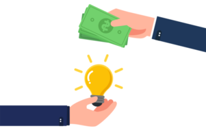 businessman hands with yellow shining bulb and money. creative idea and solution.Ideas exchange. png