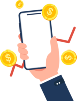 Businessman touching mobile phone and using app .Pay for money. Charity, donation concept illustration png