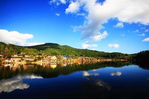 Beautiful landscape village on mountain and blue sky reflection in lake and river at Meahongson province, Thailand photo