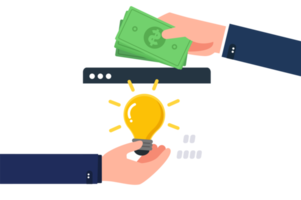 businessman hands with yellow shining bulb and money. creative idea and solution.Ideas exchange. png