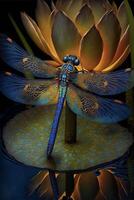 a dragonfly sitting on top of a water lily. . photo