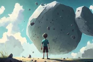 boy standing in front of a giant rock. . photo