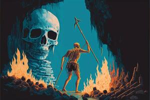 esqueleto en pie siguiente a un esqueleto en un cueva. generativo ai. foto
