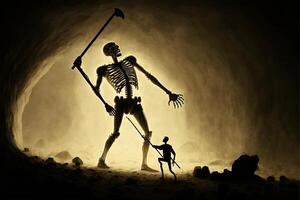 skeleton standing next to a man in a cave. . photo