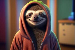 close up of a sloth in a hoodie. . photo