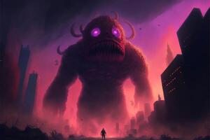 hombre en pie en frente de un gigante monstruo en un ciudad. generativo ai. foto