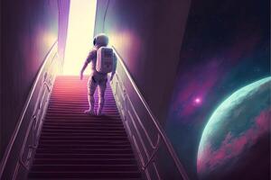 man in a space suit walking up a flight of stairs. . photo