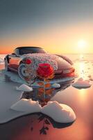 red sports car covered in flowers in the snow. . photo