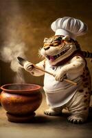 figurilla de un Tigre vistiendo un cocineros sombrero. generativo ai. foto