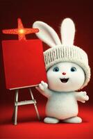 white rabbit standing next to a red easel. . photo