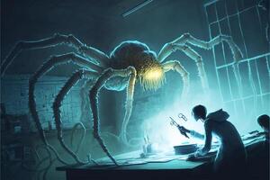 man standing in front of a giant spider. . photo