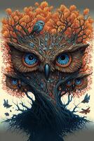 a painting of an owl sitting on top of a tree. . photo