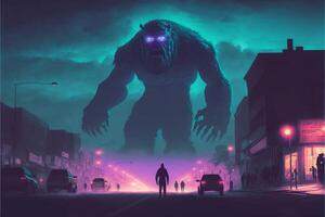 man standing in the middle of a street next to a giant monster. . photo