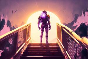 man in a space suit walking up a flight of stairs. . photo