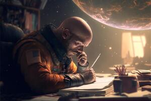 man sitting at a desk writing on a piece of paper. . photo