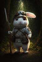 Conejo vestido como un soldado participación un rifle. generativo ai. foto
