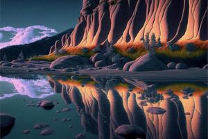 painting of a mountain reflecting in a body of water. . photo