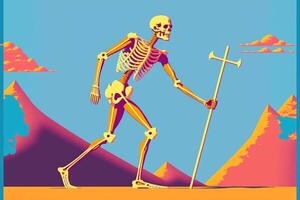 esqueleto caminando a través de un campo con un palo. generativo ai. foto