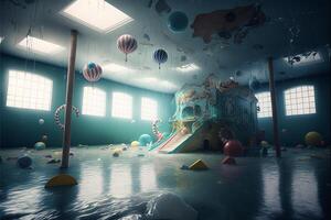room filled with lots of balloons and a slide. . photo
