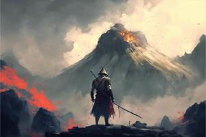 hombre en pie en parte superior de un montaña participación un espada. generativo ai. foto