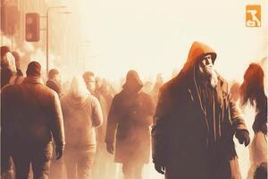 large group of people walking down a street. . photo