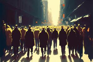 group of people walking down a city street. . photo