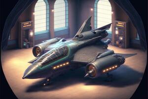 futuristic fighter jet sitting inside of a building. . photo