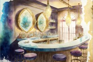 painting of a bar with purple stools. . photo