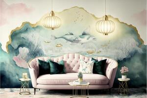 living room with a pink couch and a painting on the wall. . photo