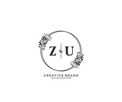 initial ZU letters hand drawn feminine and floral botanical logo suitable for spa salon skin hair beauty boutique and cosmetic company. vector